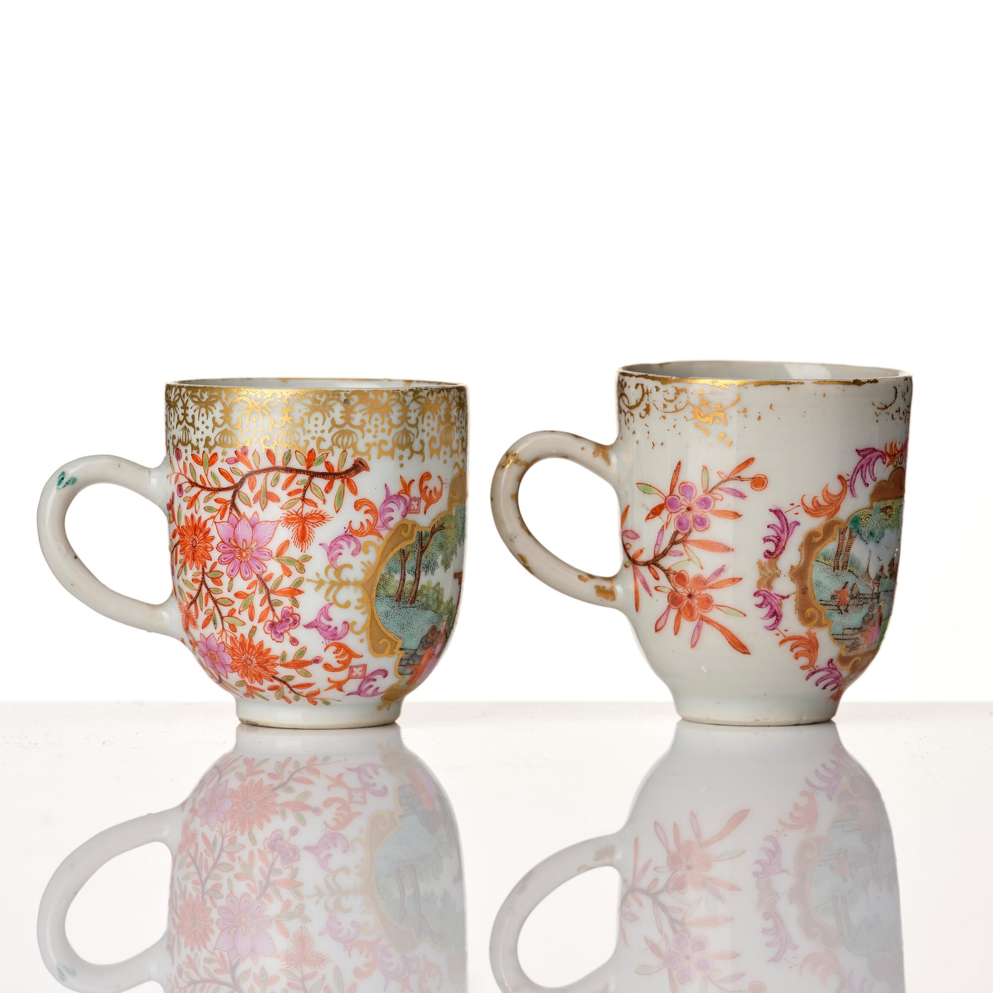 A pair of famille rose cups with saucers, Qing dynasty, Qianlong (1736-95).