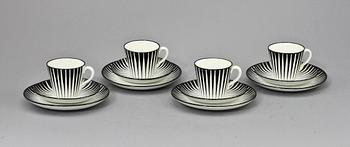 KAFFEKOPPAR, 4 st samt ASSIETTER, 4 st, flintgods, "Zebra", Eugene Trost, Upsala-Ekeby Gefle, 1955-1967.