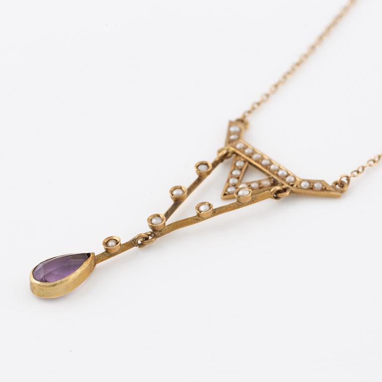 Necklace, 14K gold with amethyst and seed pearls.