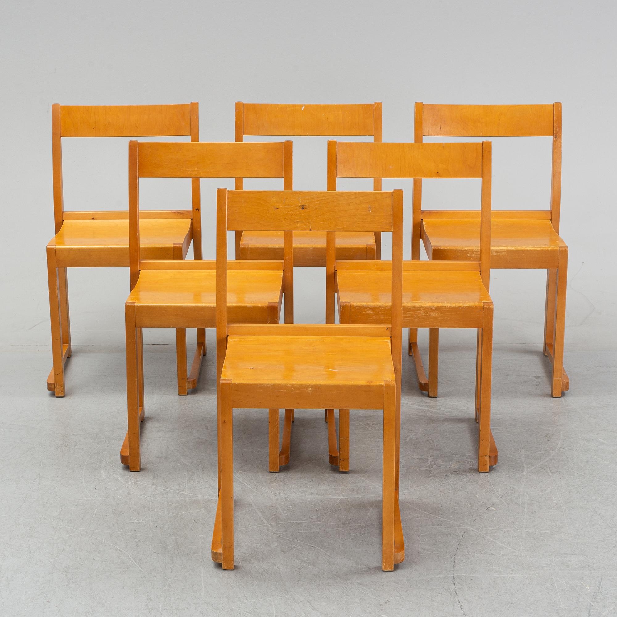 Six birch chairs by Sven Markelius, mid 20th Century.