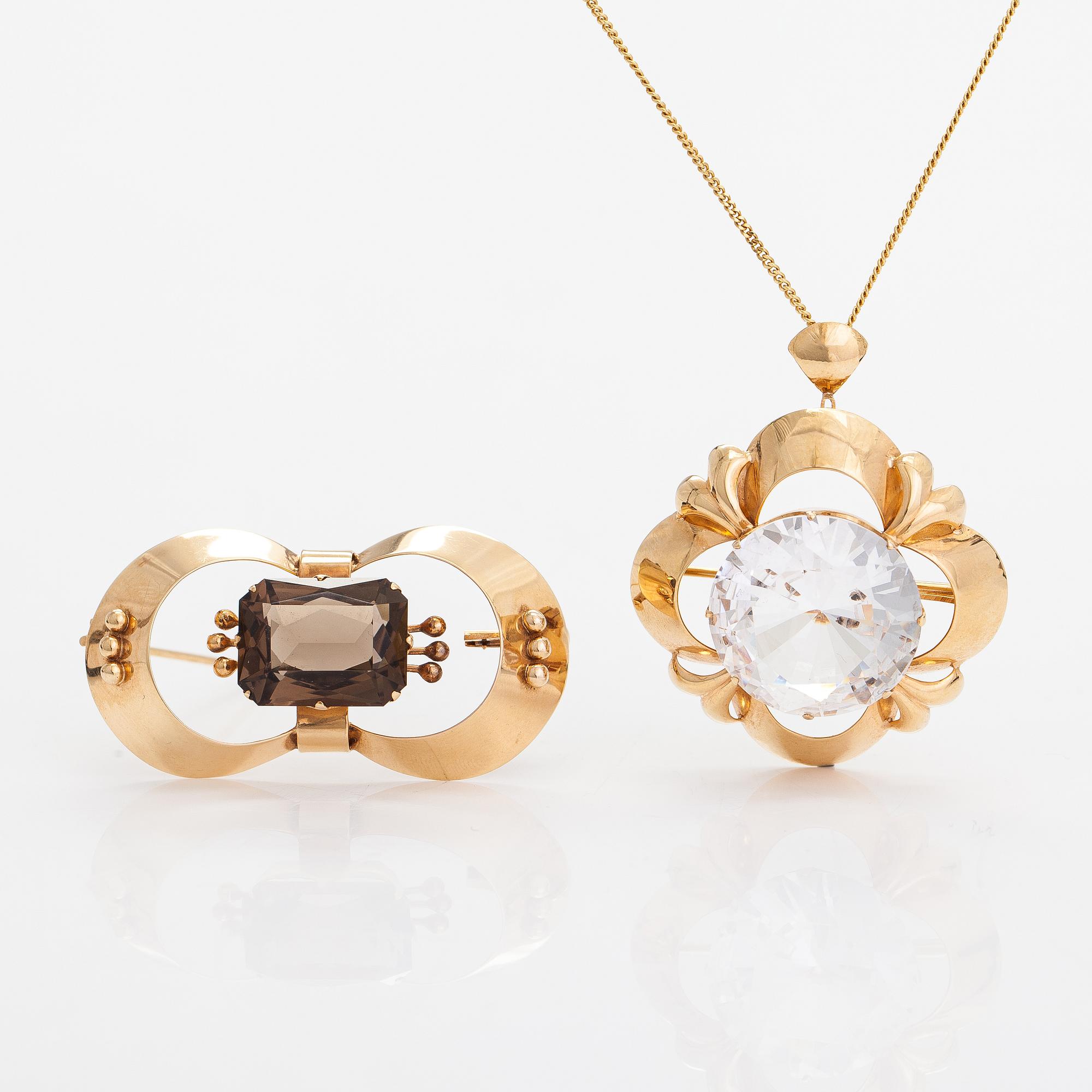 Helge Narsakka, halsband och brosch, 14K guld, rökkvarts och syntetisk spinell. Lahtis 1965.
