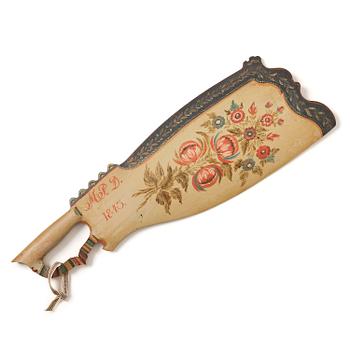 214. A carved and polychrome painted folk art wedding gift by P. Schenler, Hälsingland, Sweden, dated 1843.