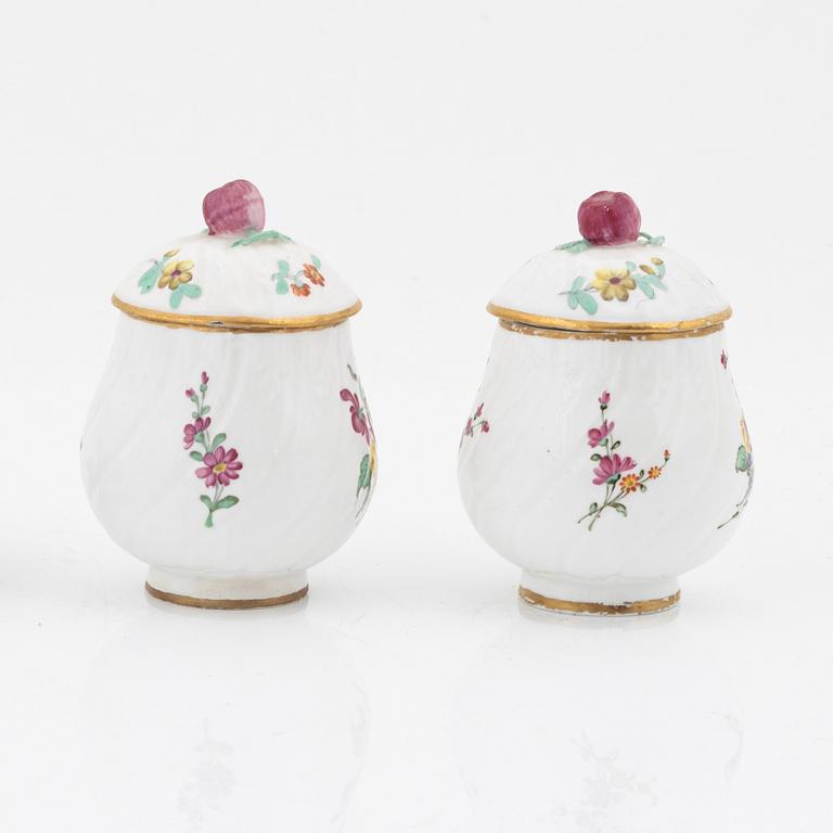 Two Marieberg soft paste custard cups with covers, 18th Century.