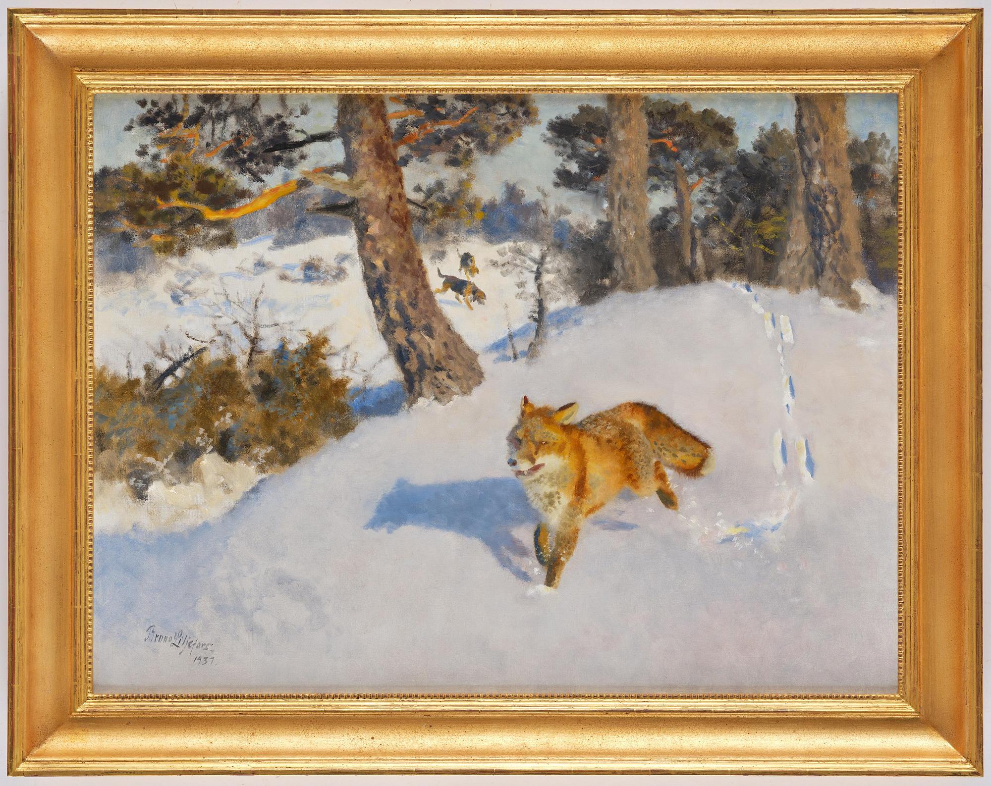 Bruno Liljefors, Winter fox with following hound.