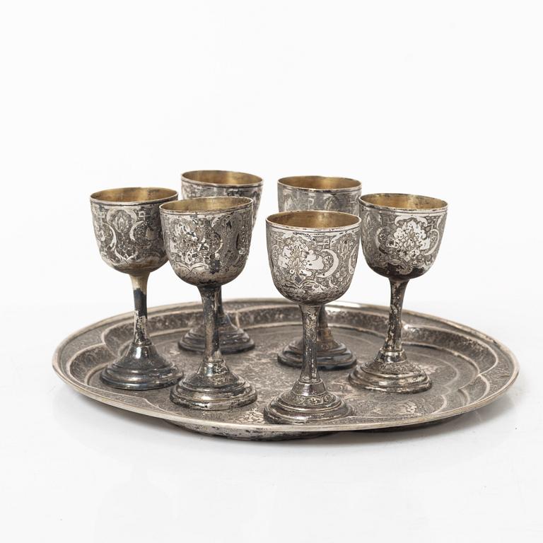 Six silver cups and tray, silver, Iran, 20th century.