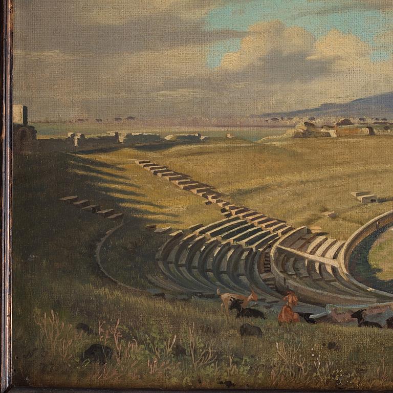 "Amphitheatret i Pompei med Vesuv i Baggrunden".