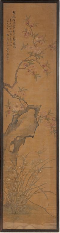 Unidentified artist, Garden with orchids, scholars rock and blooming prunus, around 1900.