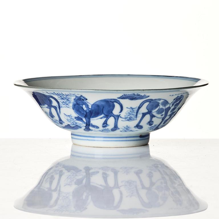 A blue and white Kung Mu bowl, 17th century with a Jiajing mark.