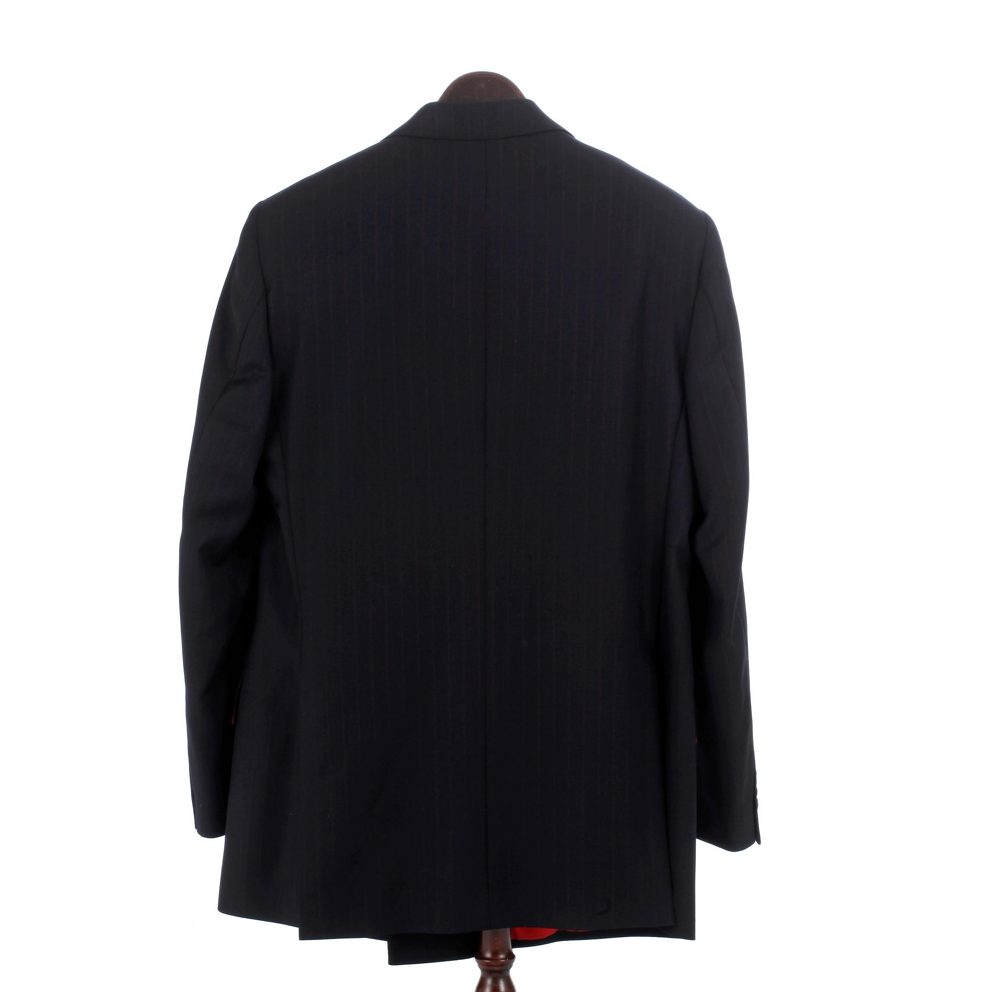 ROSE & BORN, a men's blue and red pinstriped wool suit consisting of jacket and pants, size 52.