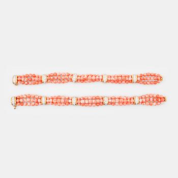 1192. A brilliant-cut diamond and coral necklace that can be worn as two bracelets, signed V.C.A for Van Cleef and Arpels.