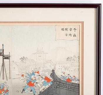 Kobayashi Kiyochika, samt oidentifierad konstnär, triptyker, 2 st, färgträsnitt. Japan, sent 1800/tidigt 1900-tal.