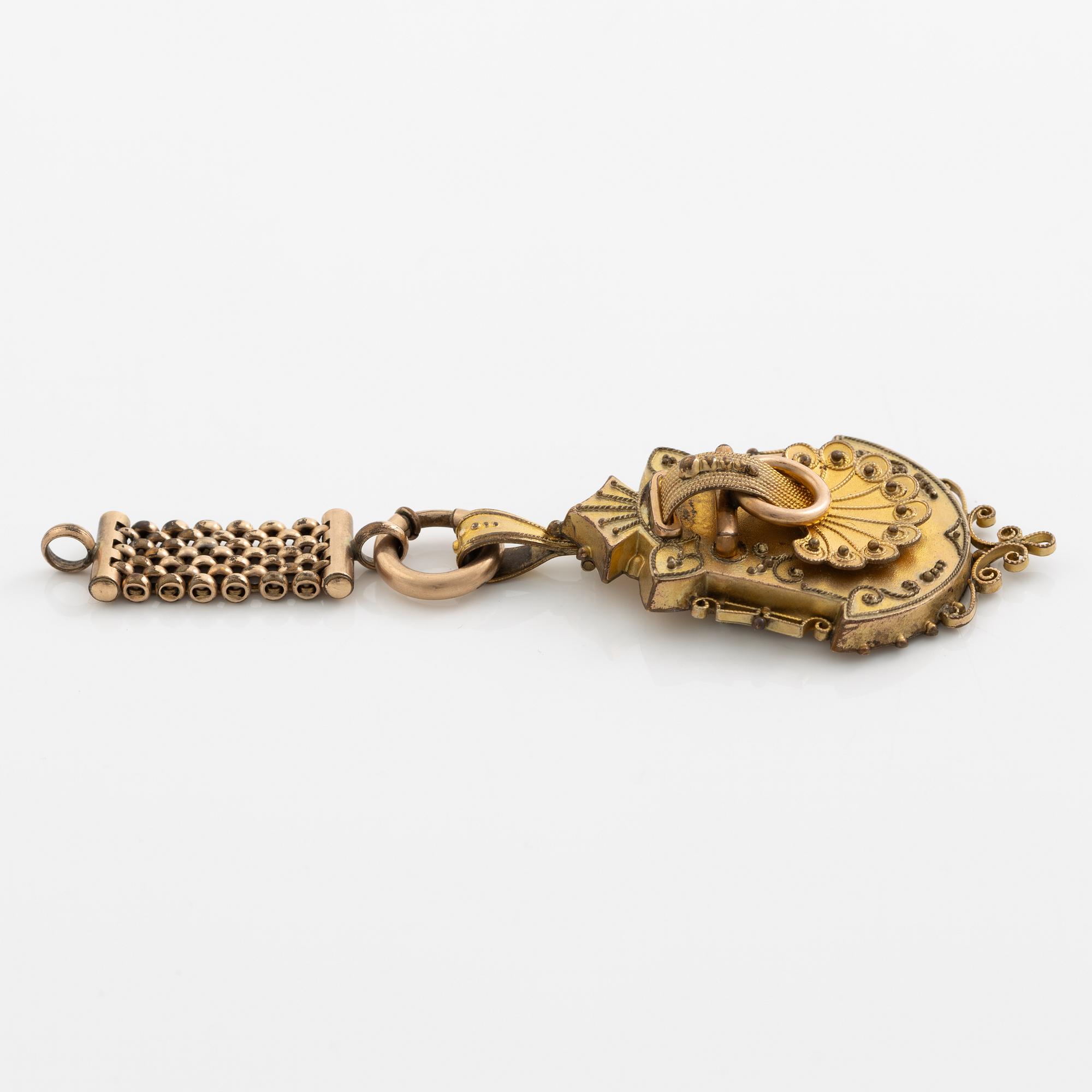 Bracelet and pendant/brooch, gilded possibly silver, with pearls 19th century.