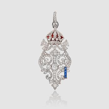 1127. A brilliant-cut diamond, enamel and sapphire pendant. Circa 1930's.