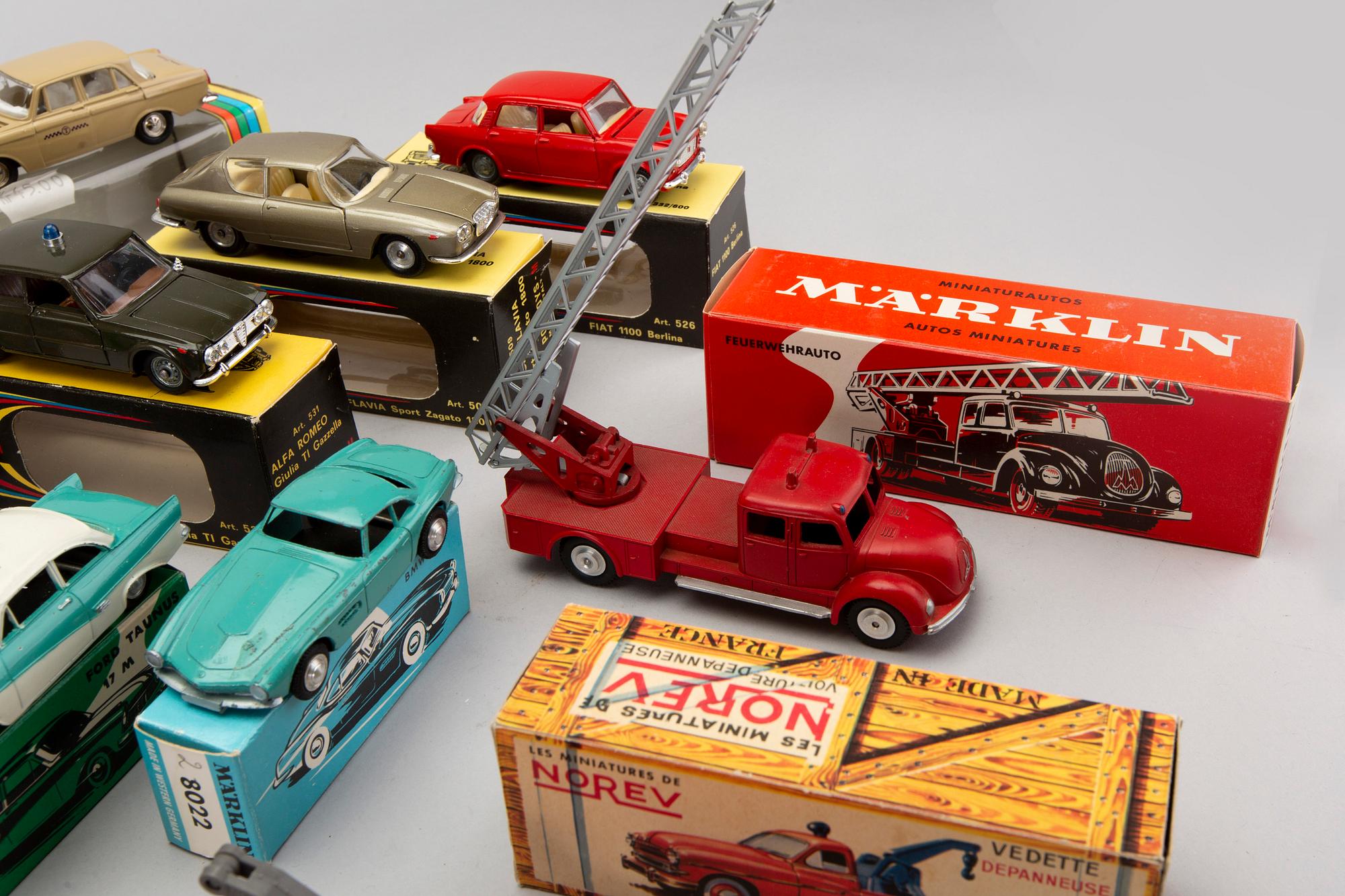 A set of 19 pcs toy cars from MÄRKLIN, MOSKVITCH, POLITOYS and NOREV, second half of the 20th century.