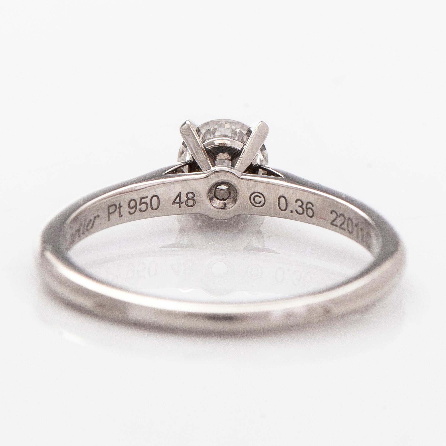 Cartier, a platinum ring, with a brilliant-cut diamond approx. 0.36 ct. With GIA dossier and certificate.