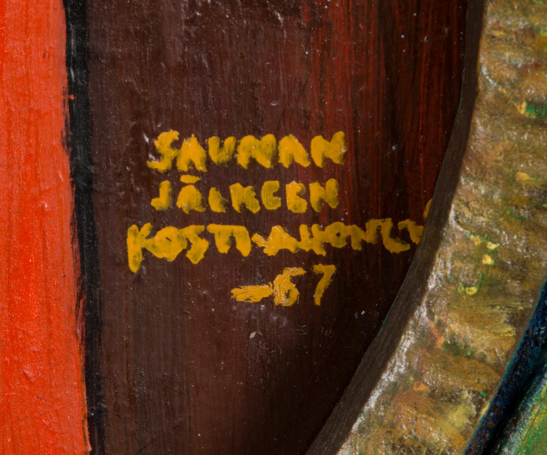 KOSTI AHONEN, oil and collage on board, painted wood relief, signed and dated -67.