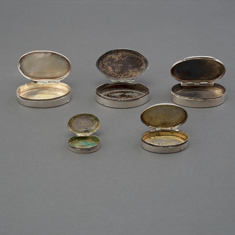 A set of five swedish silver boxes, mid 19th century.