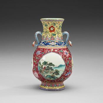 A pink and yellow ground famille rose vase, China, Republic, 20th Century with Qianlong seal mark.