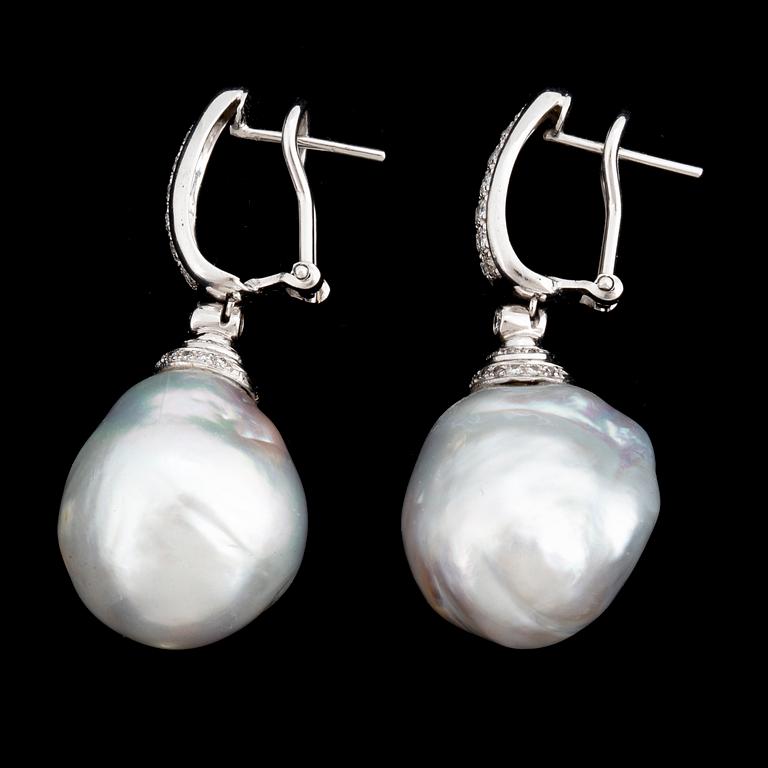 Cultured baroque South sea pearl and brilliant-cut diamond earrings.