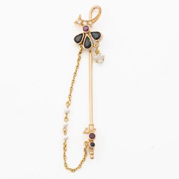 Lapel pin, 18K gold with brilliant-cut diamonds, sapphires, a ruby and pearls.