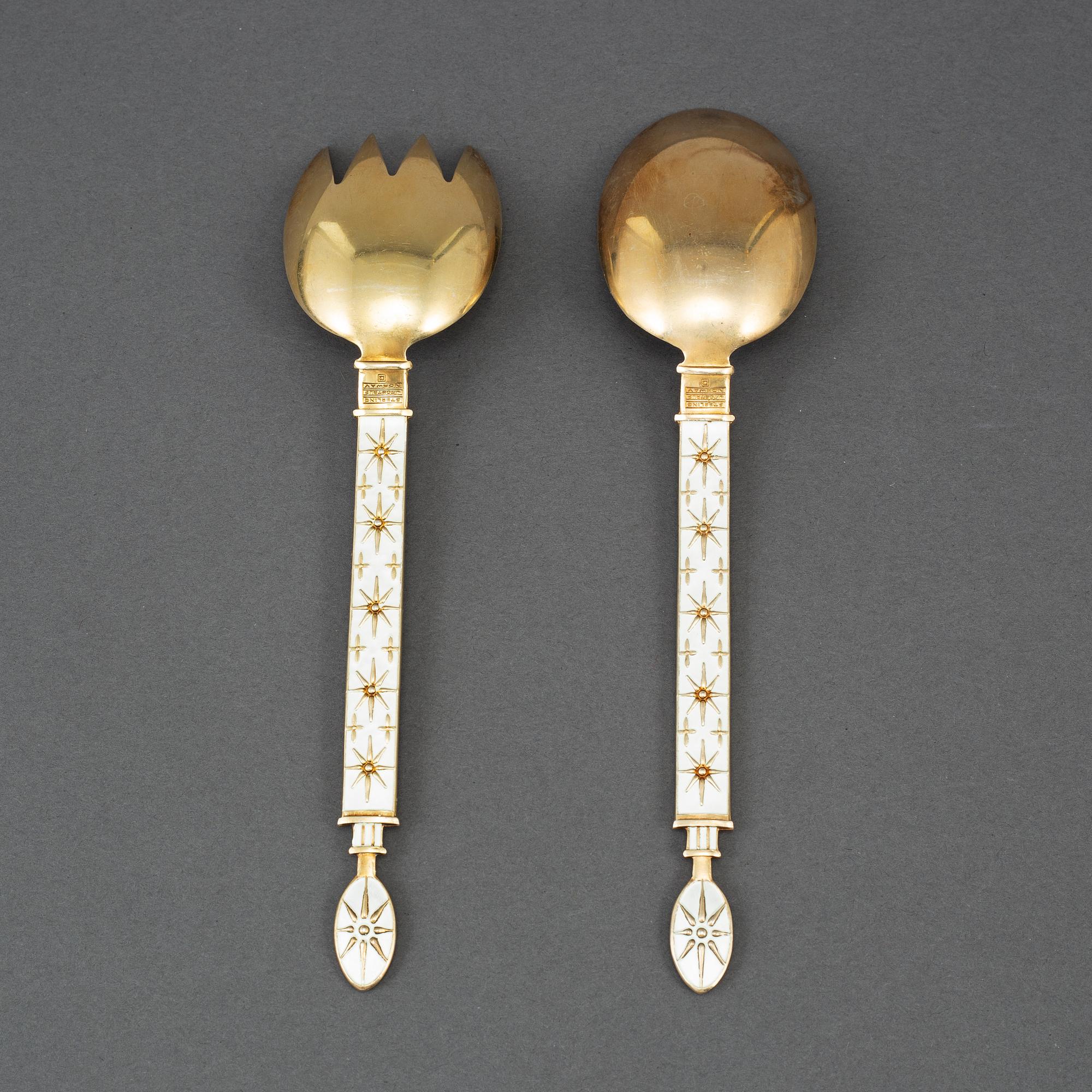 A pair of gilt and enamel silver cutlery, J Tostrup Oslo 1930s.