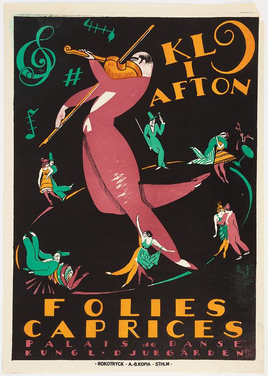 Curt Peters, litografisk affisch, "KL i afton Folies Caprices", Rokotyryck, A.-B. Kopia, Stockholm, 1920.