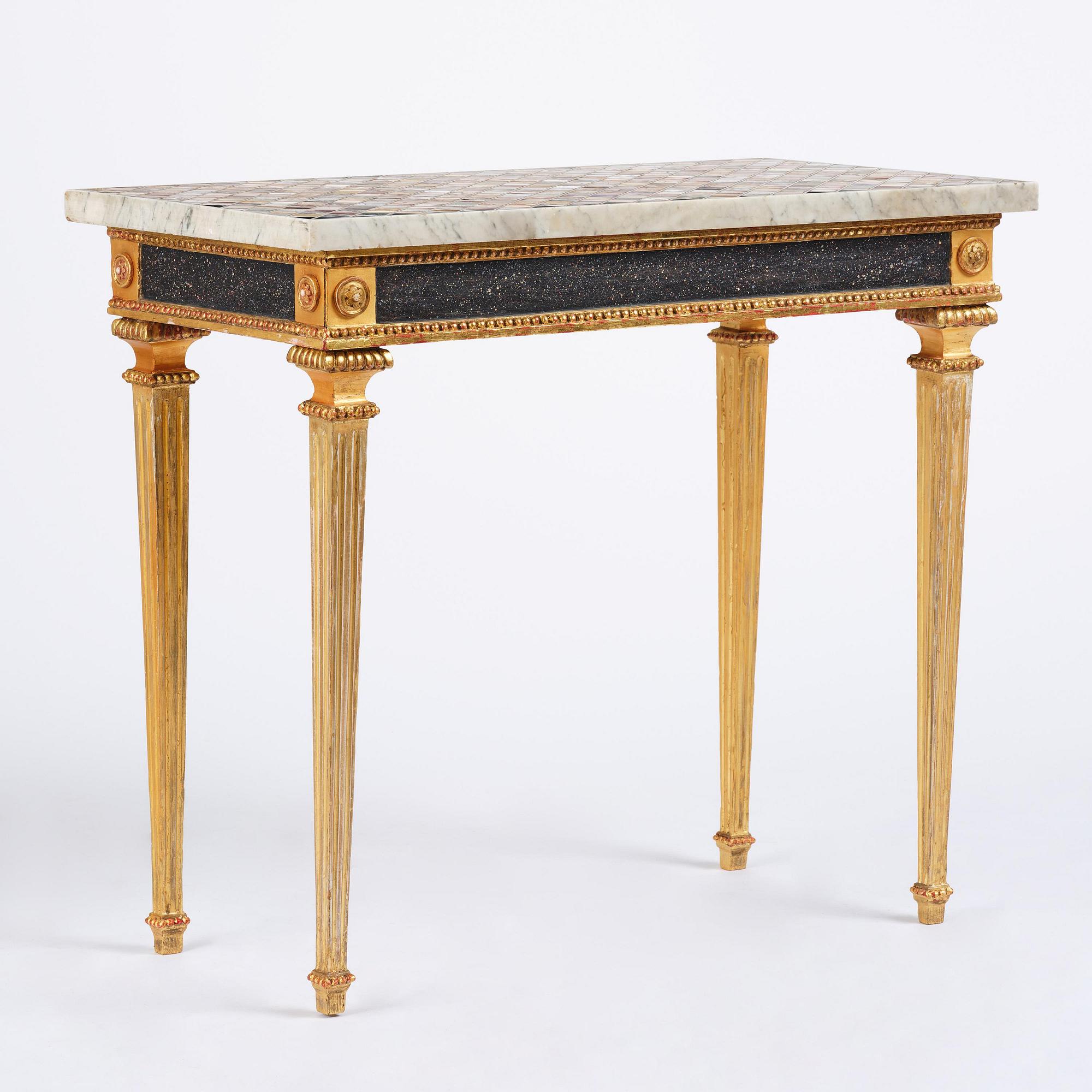 A late Gustavian giltwood console table with an Italian specimen-marble top , Stockholm, late 18th century.