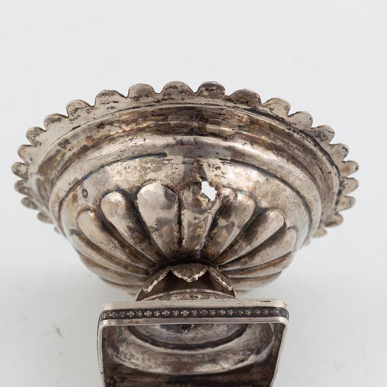 A Russian silver salt cellar, unclear maker's mark, assay master Nicholai Bubrovin, Moskva (possibly 1829).