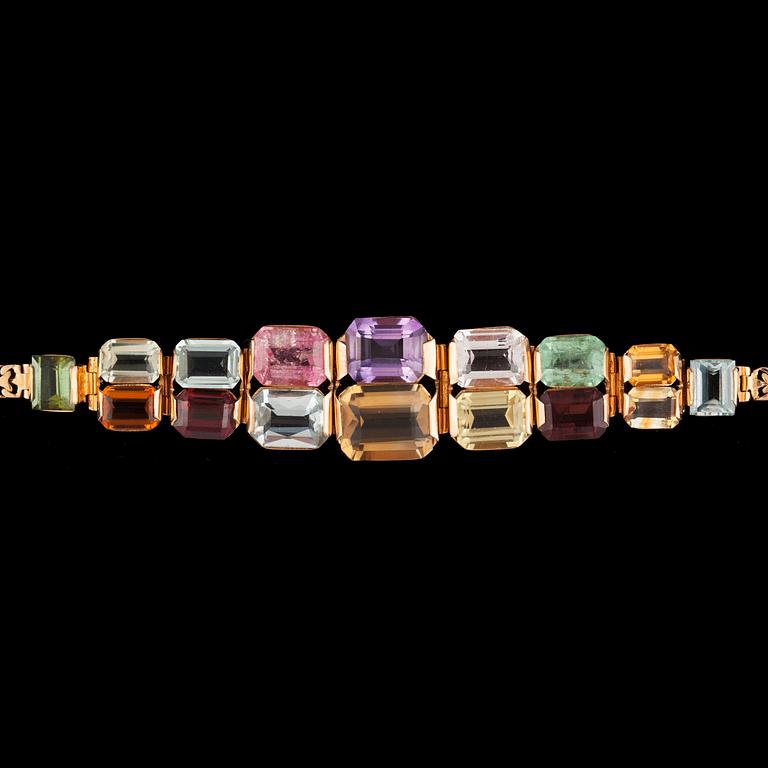 A quartz, beryl and tourmaline bracelet. Made by Swedish goldsmith G. Dahlgern, Malmö.