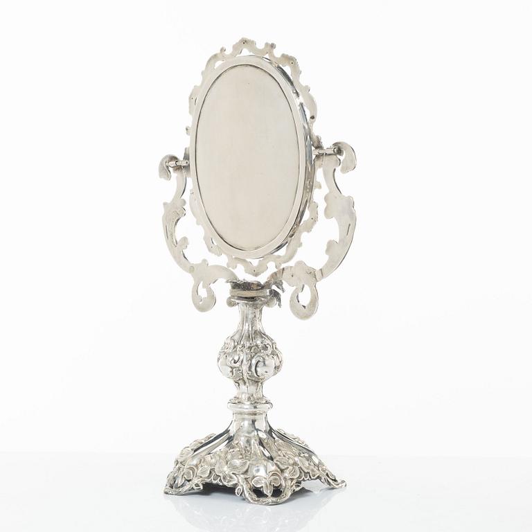 A Swedish silver dressing table mirror on stand, mark of Gustaf Möllenborg, Stockholm 1856.