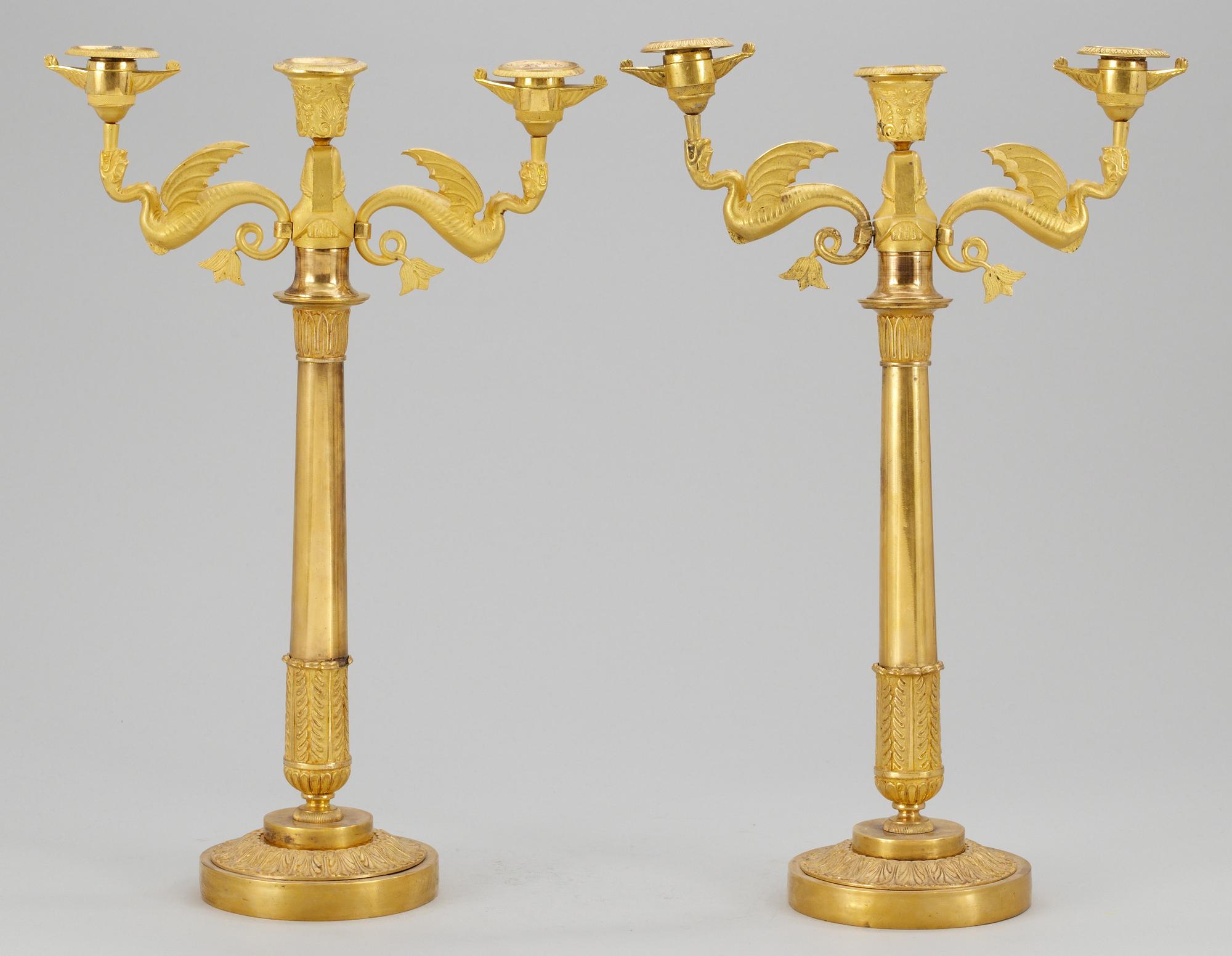 A pair of Empire three-light candelabra, probably Sweden.