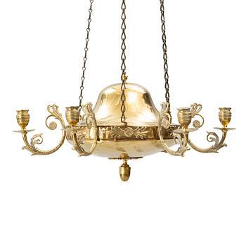 A Swedish Empire gilt brass six-branch chandelier, early 19th century.