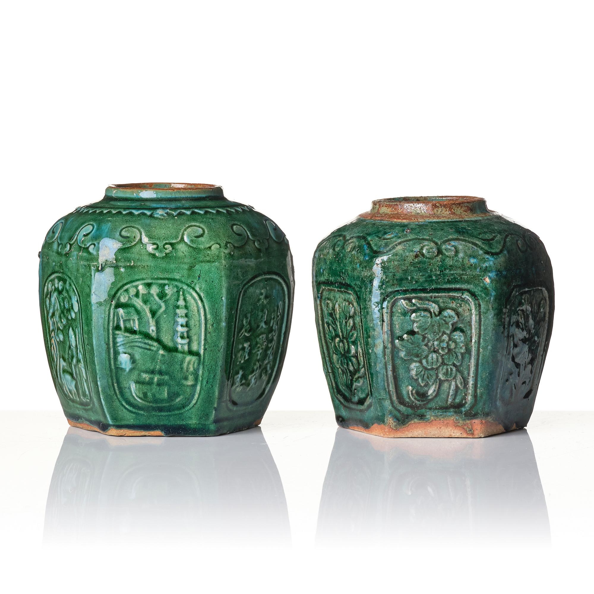 A set of two green glazed Chinese jars, 20th century.