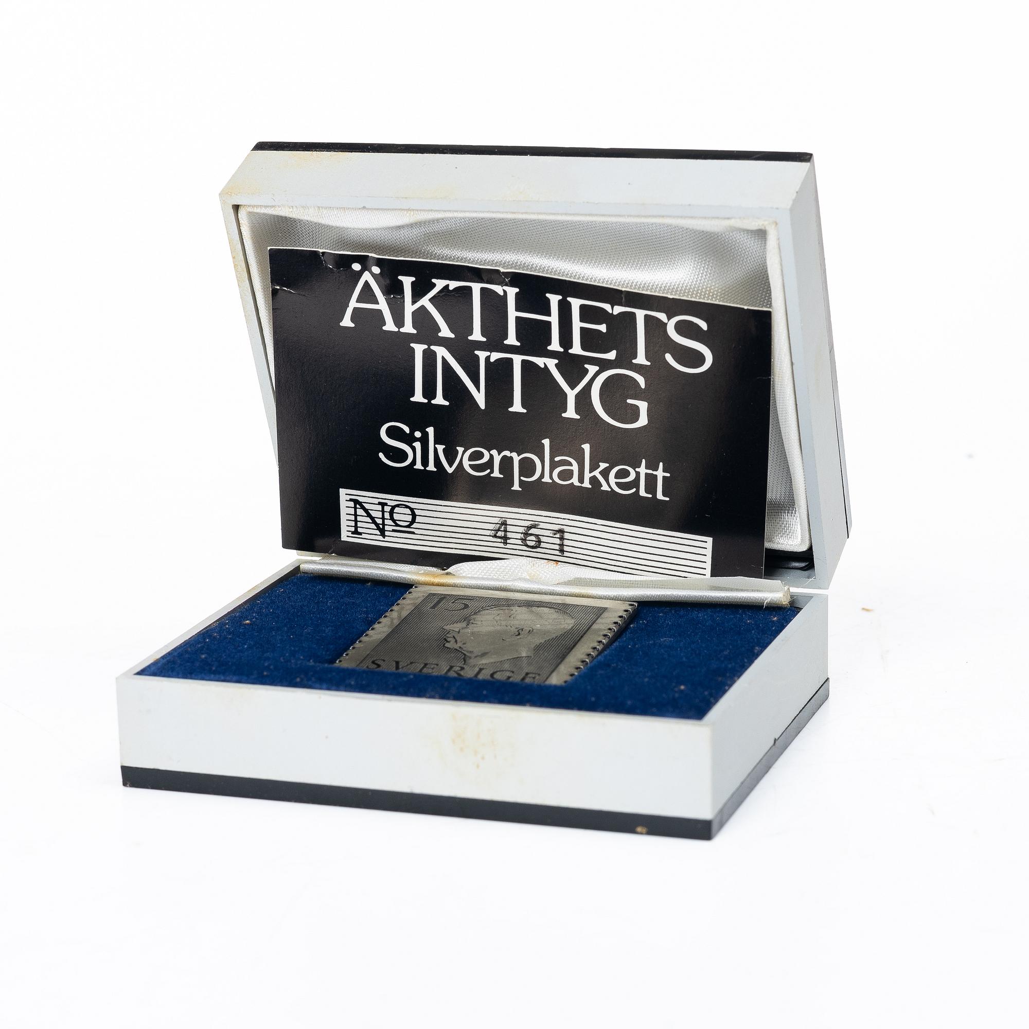 Frimärksplaketter, nio i silver samt en i brons, Guldfynd Plakett AB, bl a 1977.