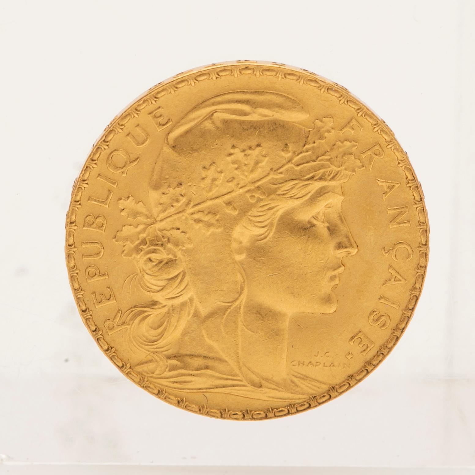 Gold coin, 21.6 carat, "Liberté Égalité Fraternité", 20 francs, France, 1907.