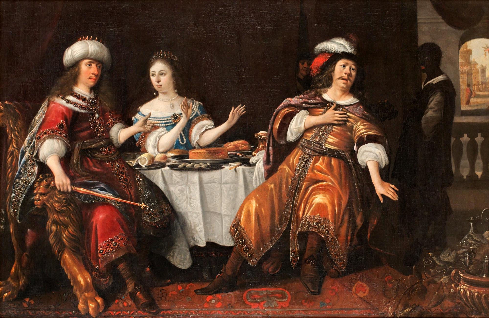 Anthonie Palamedesz., Gammaltestamentlig scen med Ester, Haman och Ahasverus.