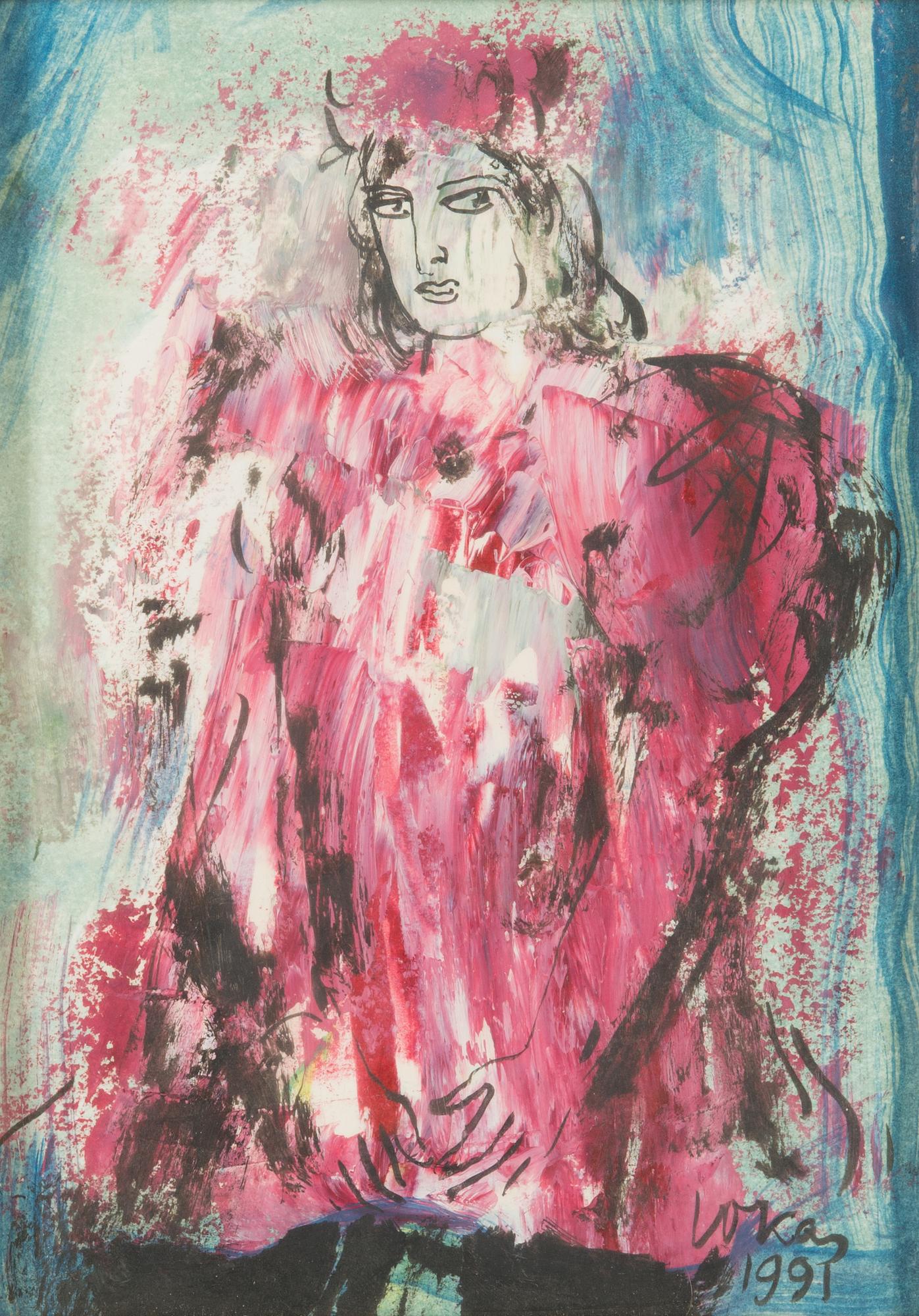 Evald Okas, sekatekniikka paperille, signeerattu ja päivätty 1991.