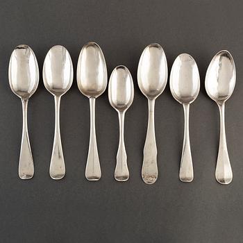 7 silver spoons, 18th century. One by Alexander Prytz, Strängnäs 1794.