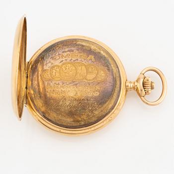 Omega, pocket watch, 18K gold, hunter case, 52.5 mm.