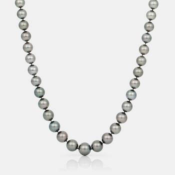 A cultured Tahiti pearl and brilliant-cut diamond necklace.