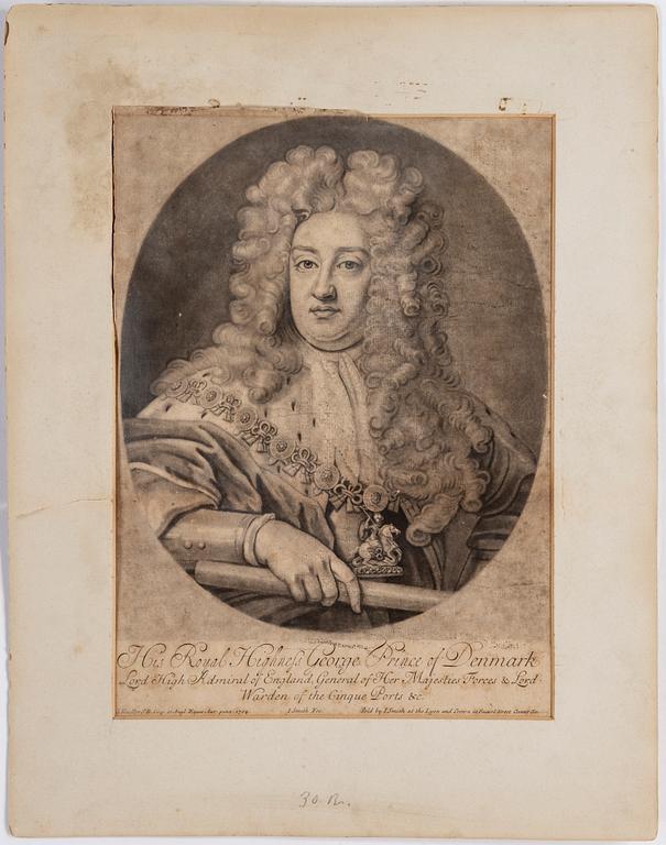 A mixed lot of 14 unframed 18th century mezzotint and aquatint portraits.