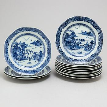 Ten blue and white export plates, Qing dynasty, Qianlong (1736-95).