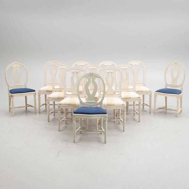 Nine Gustavian style chairs, 21st century, and three similar Gustavian style chairs, second half of the 20th century.