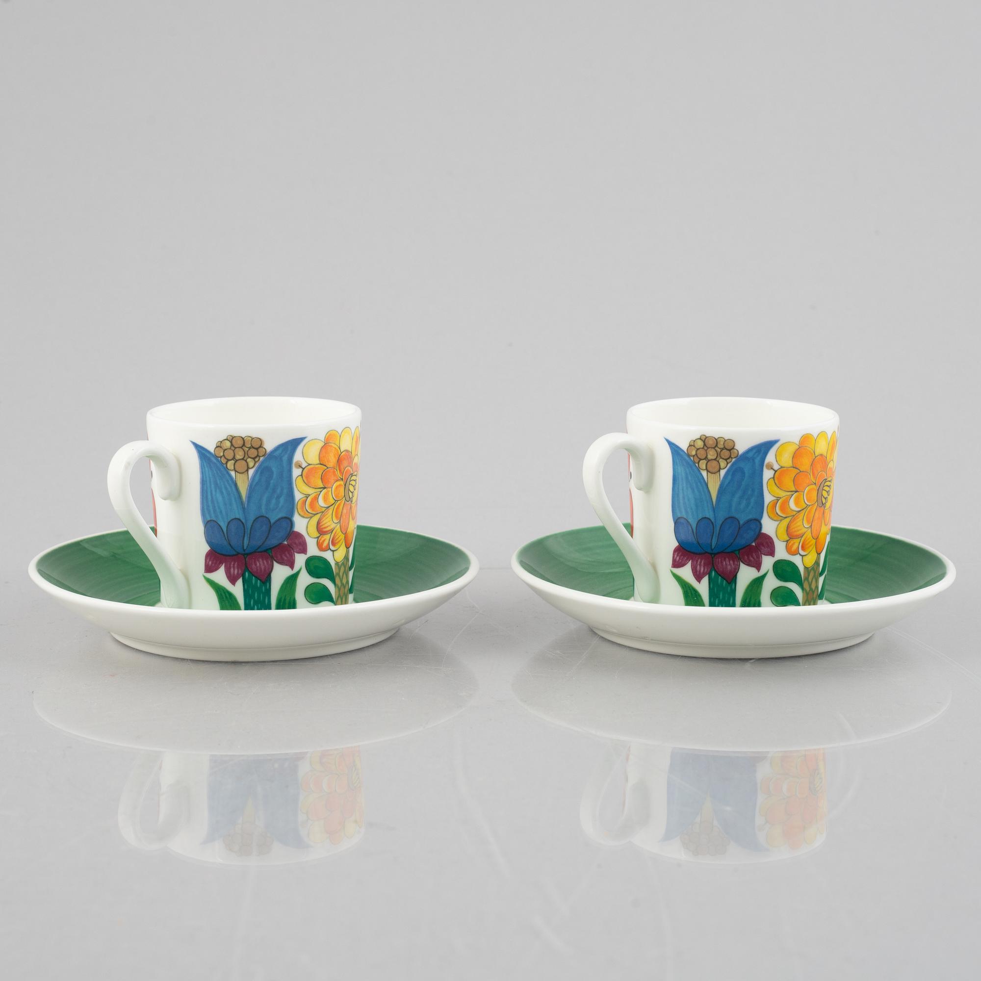 Stig Lindberg, six 'Tahiti' coffee cups with saucers, bone china, Gustavsberg, 1970-73.