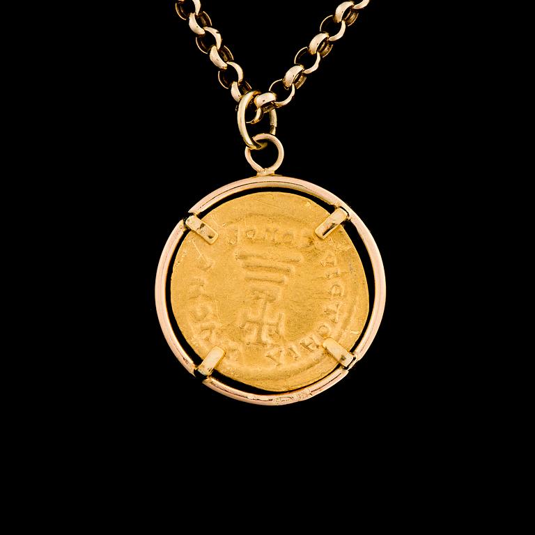 A PENDANT, Byzantine coin 20K gold, set in 14K gold frame.