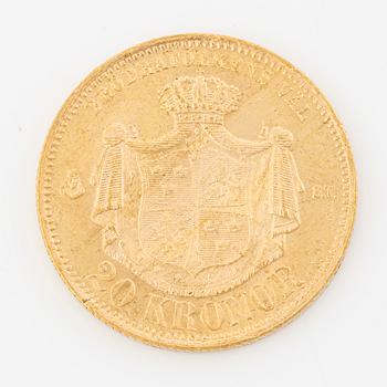 Guldmynt, Oscar II, 20 kronor, typ I, Sverige 1876.