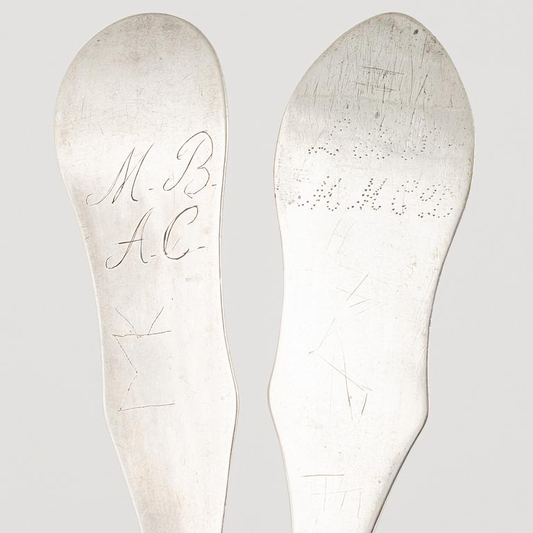 A set of six Swedish silver spoons, different masters, including Johan Petter Molér, Visby, 1813.and 1818.