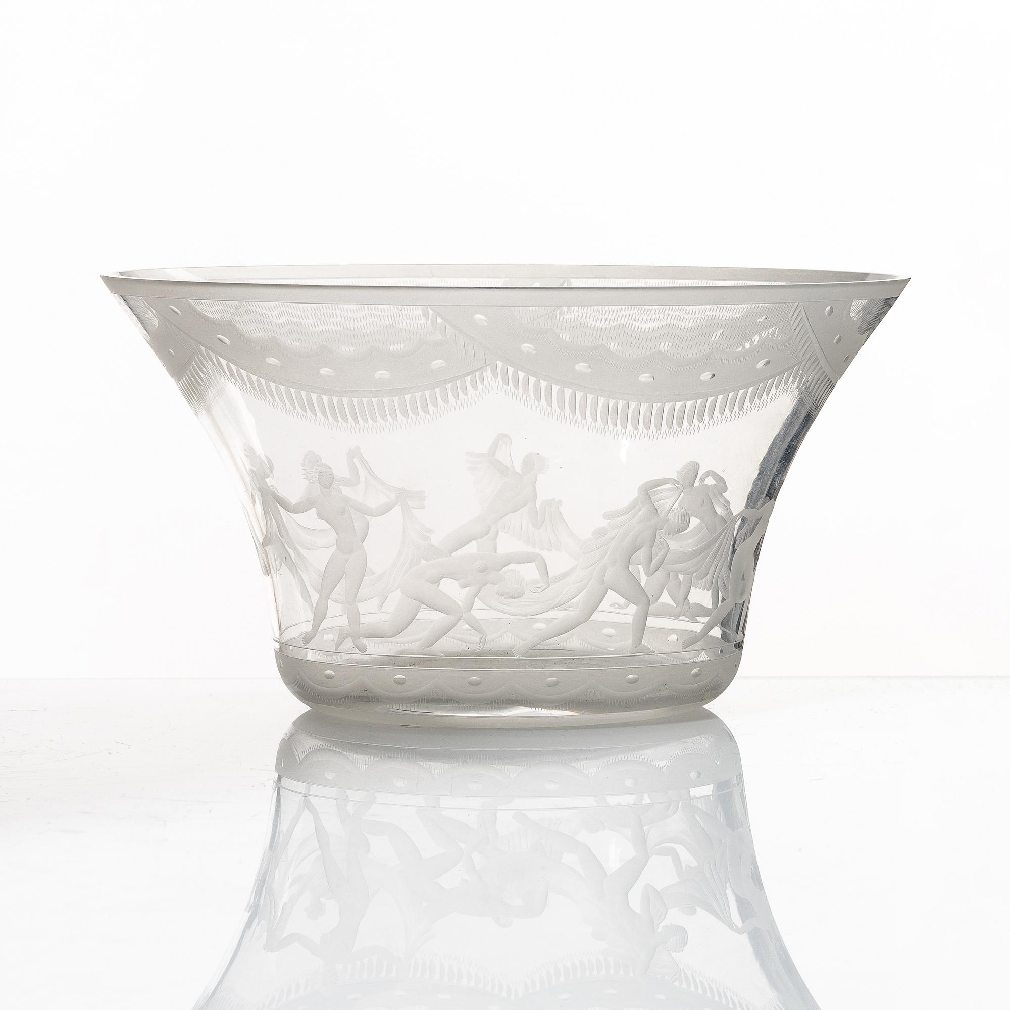 Simon Gate, a bowl, "Slöjdansen", Orrefors, Sweden, early 20th century.