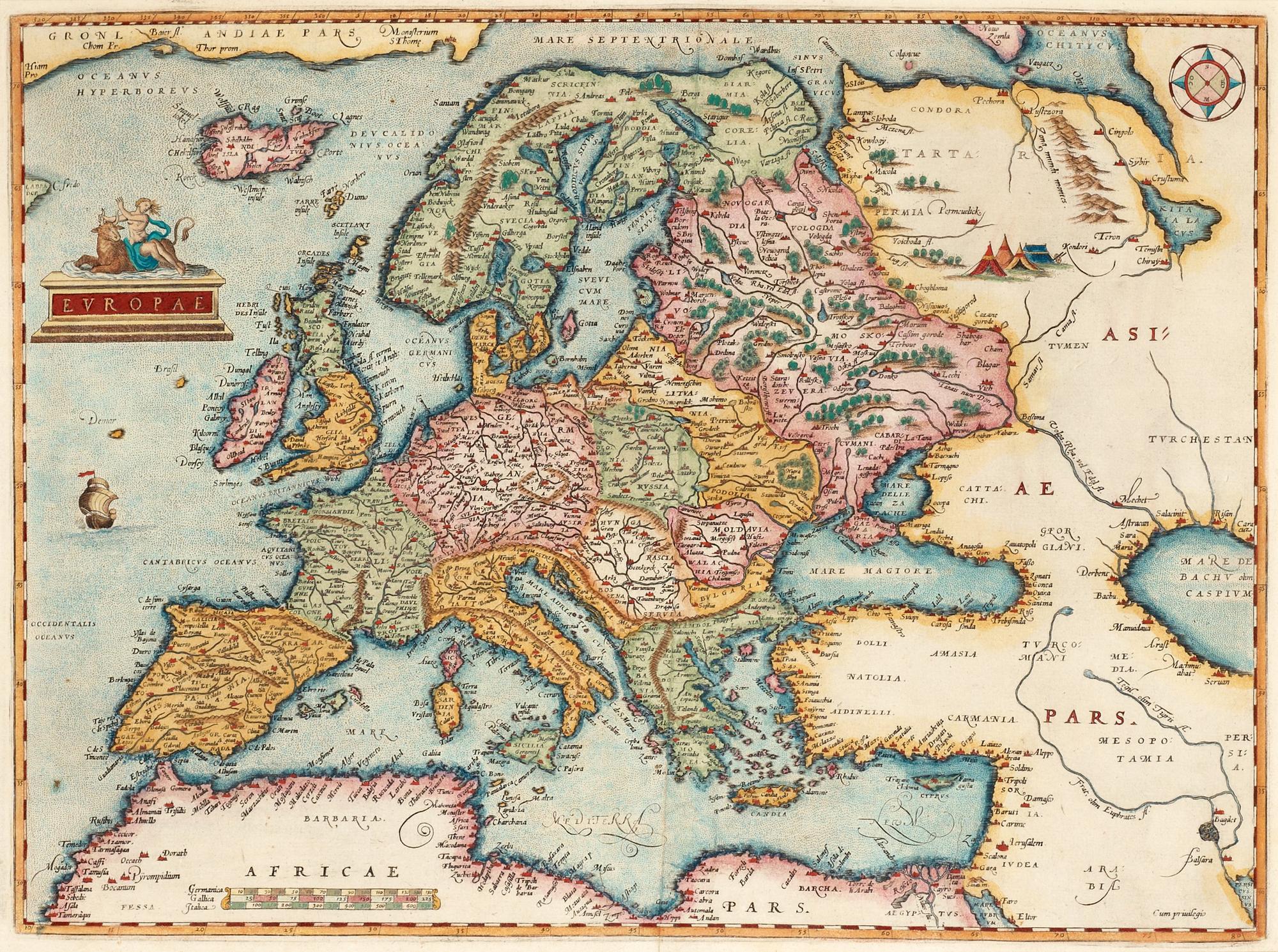 Abraham Ortelius, Ur: Theatrum Orbis Terrarum" (6). Världskarta, Europa, Asien, Afrika, Amerika samt porträtt. 1579.
