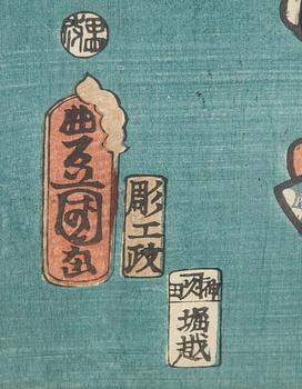 Utagawa Kunisada Toyokuni II, färgträsnitt diptyk, Japan 1800-tal.